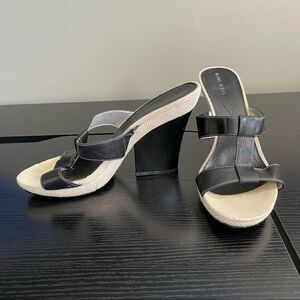 Nine West WNCOBALT Vintage Linen and Leather Upper Slide On Heeled Sandal, 10